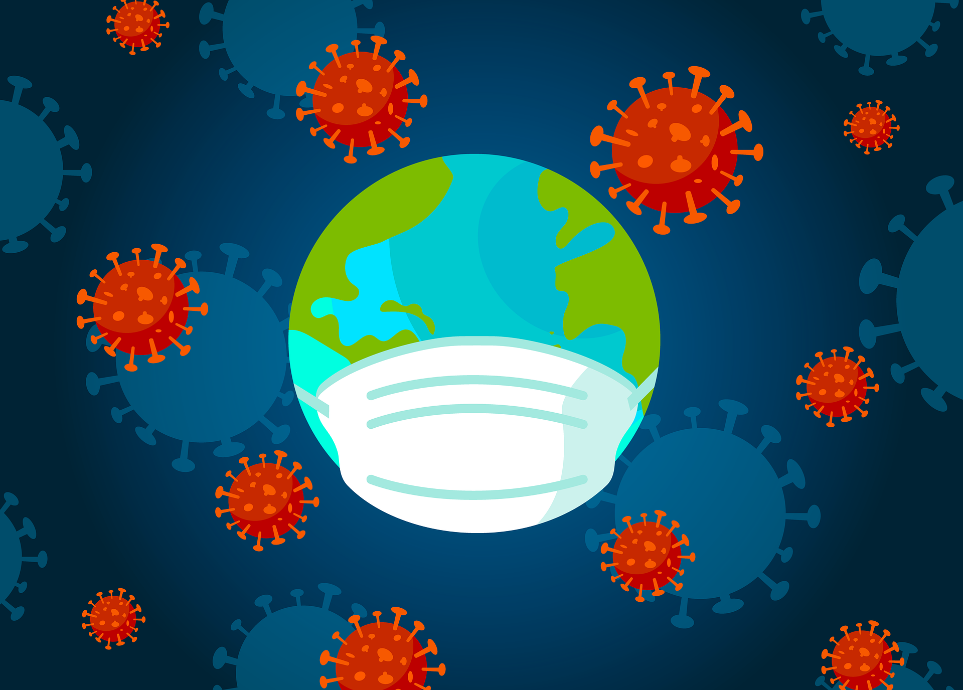 Illustration of the globe with a mask over it, surrounded by virus particles