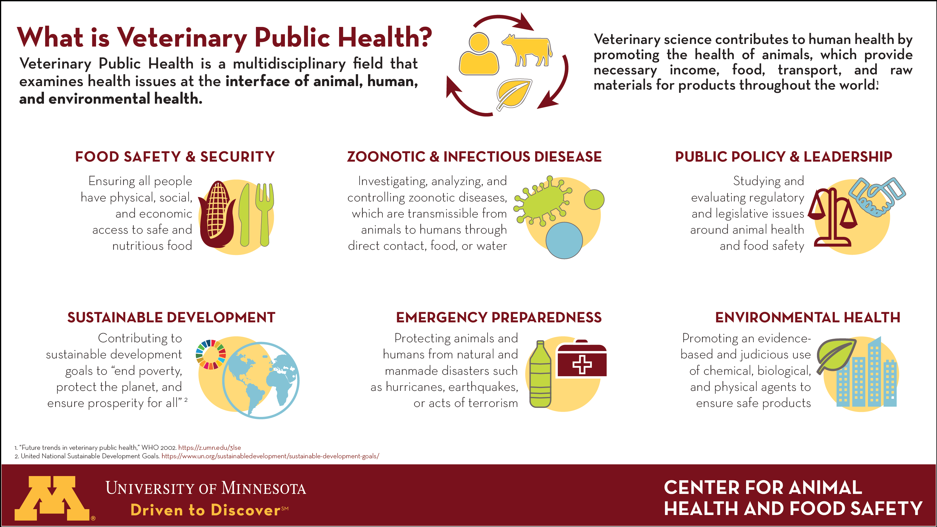 Infographic titled "What Is Veterinary Public Health?" Topics are food safety & security, zoonotic & infectious disease, public policy & leadership, sustainable development, emergency preparedness, and environmental health