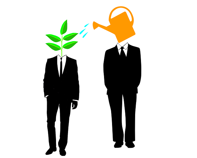 An illustration depicting a mentor as a watering can and mentee as a growing plant
