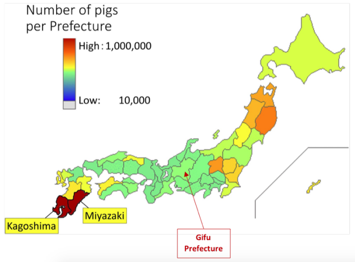 Map of Japan, and Prefectures. The highest pig-dense area of Japan is located in the south region of the country (adapted from Sasaki et al., 2017), approximately 500 miles (800 km) from Gifu Prefecture by road. 