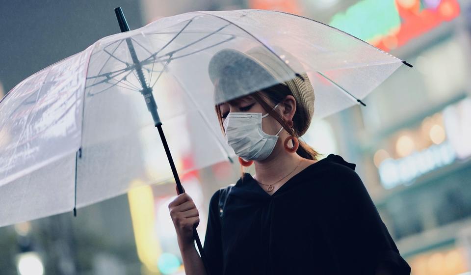 woman wearing surgical mask, holding an umbrella