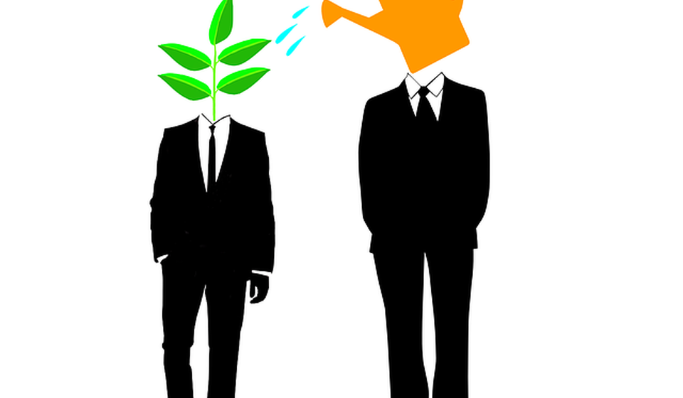 An illustration depicting a mentor as a watering can and mentee as a growing plant