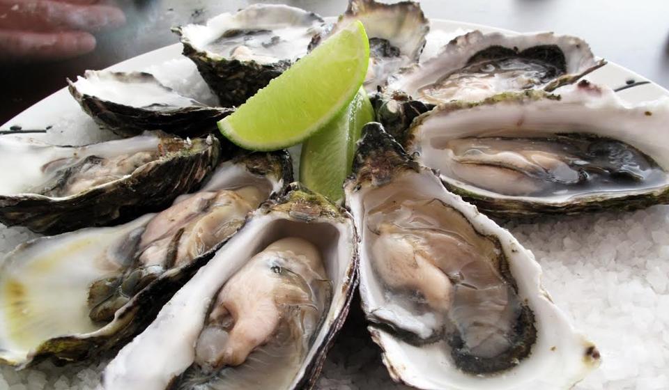 A photo image of a large plate of fresh oysters. 