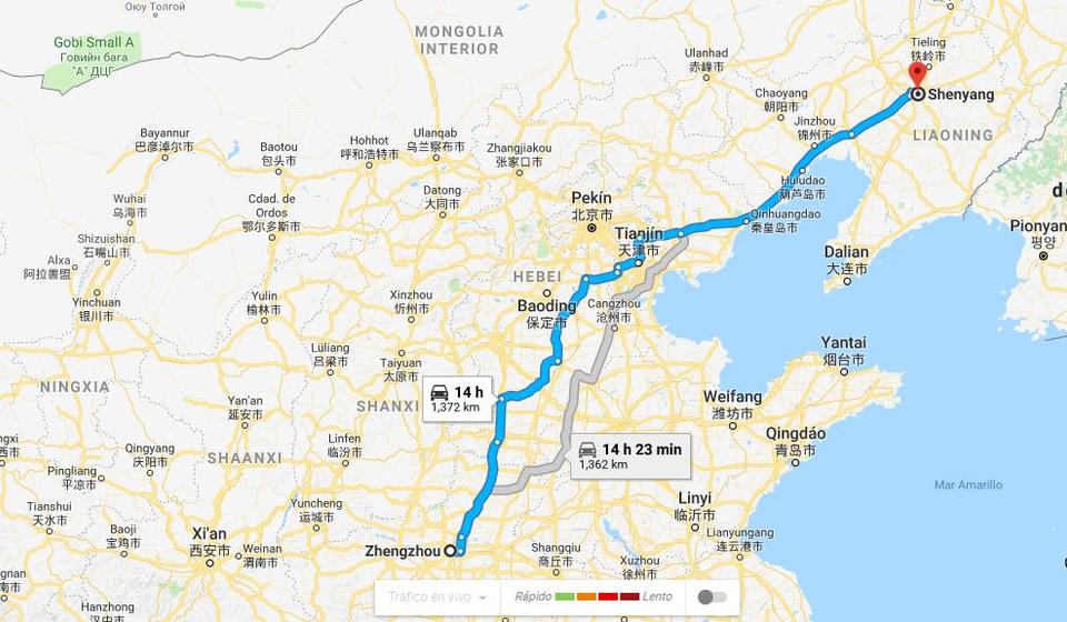 Map of China with distance from Zhengzhou slaughterhouse to Shenyang farm